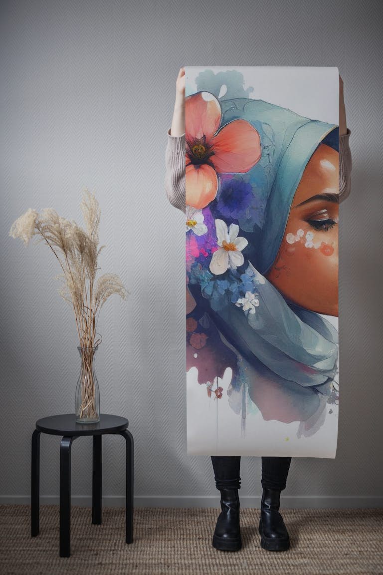Watercolor Floral Muslim Arabian Woman #3 tapete roll