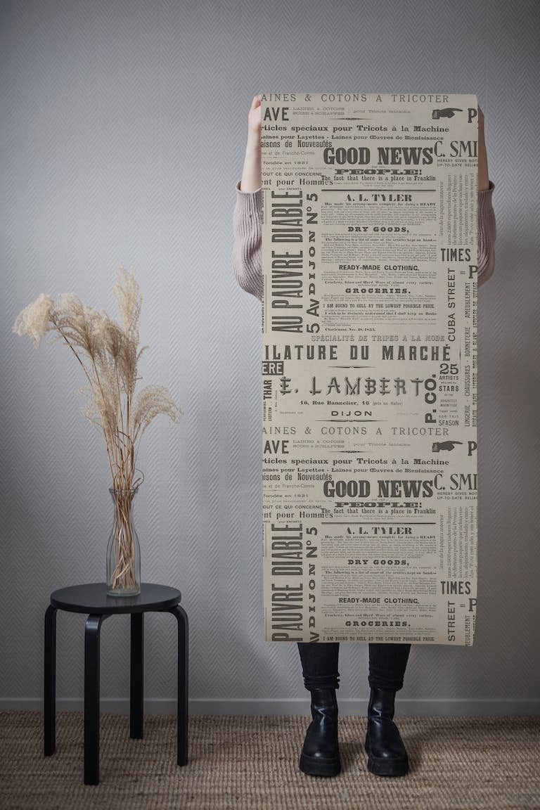 Old Print And News Typography Beige carta da parati roll