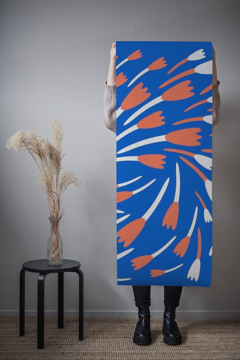 Floral Pattern in blue orange and white papel pintado roll