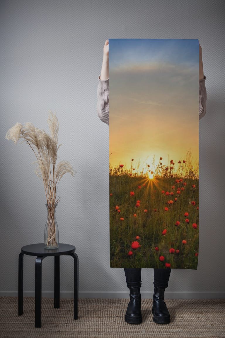 Red poppies and sunrise behang roll