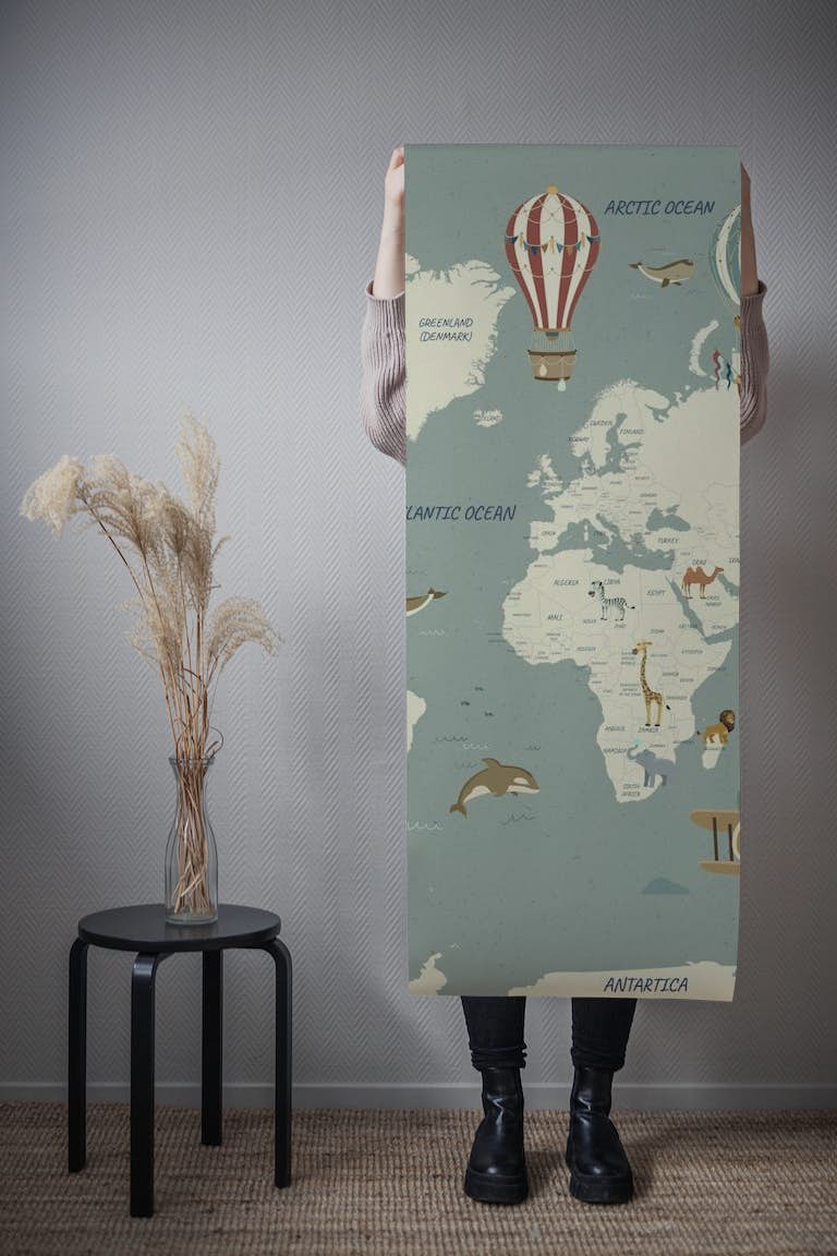 Beautiful Travel Map for Kids - Pastel Blue behang roll