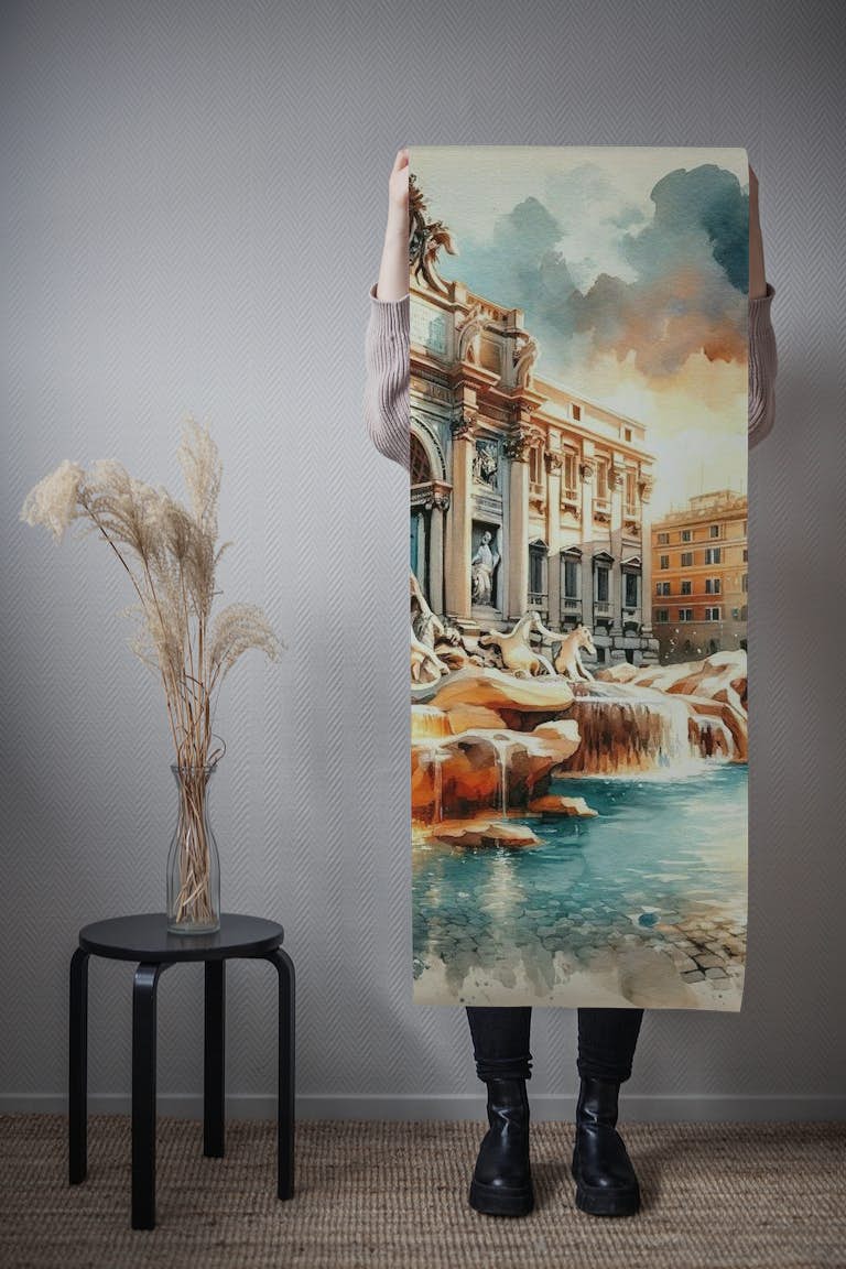 Watercolor Trevi Fountain Rome wallpaper roll
