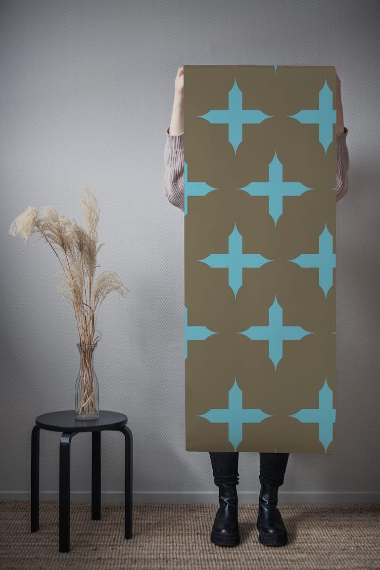 Olive green turquoise cross pattern wallpaper roll