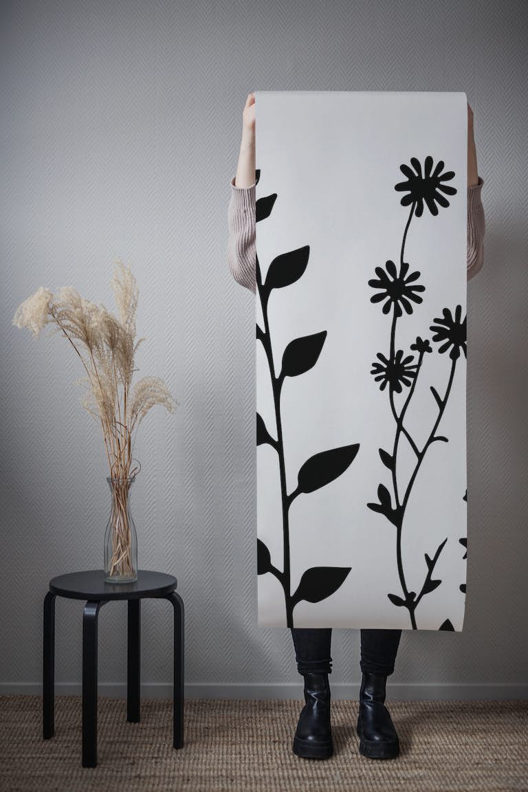 Delicate Wildflower Meadow Black White wallpaper roll