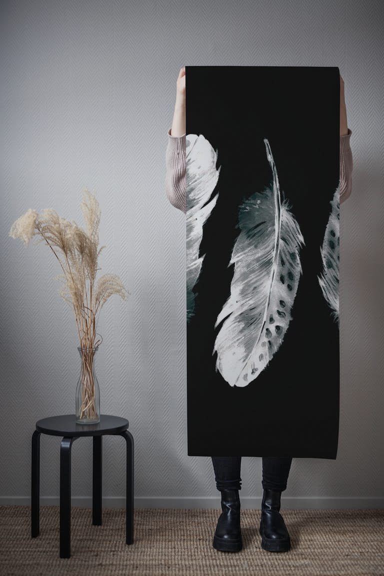 Three Feathers on black wallpaper roll