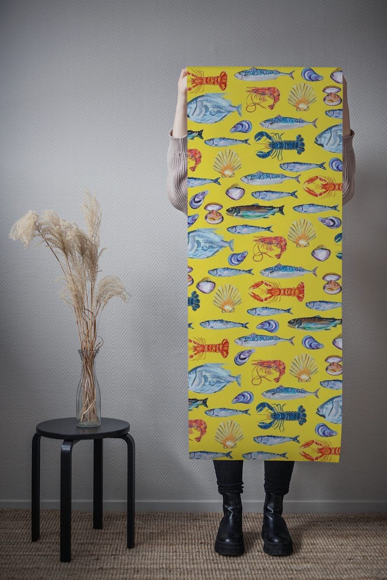 Deep Ocean Fish Scene Pattern on Yellow tapetit roll