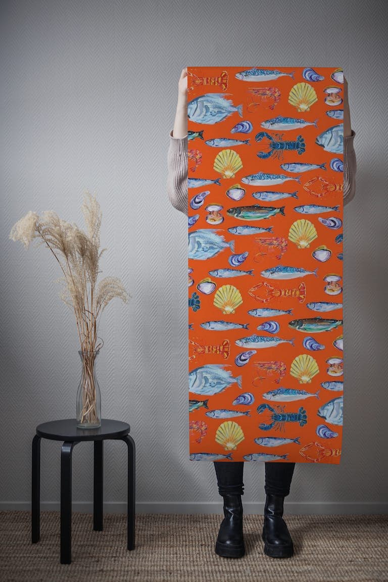Deep Ocean Fish Scene Pattern Orange tapetit roll
