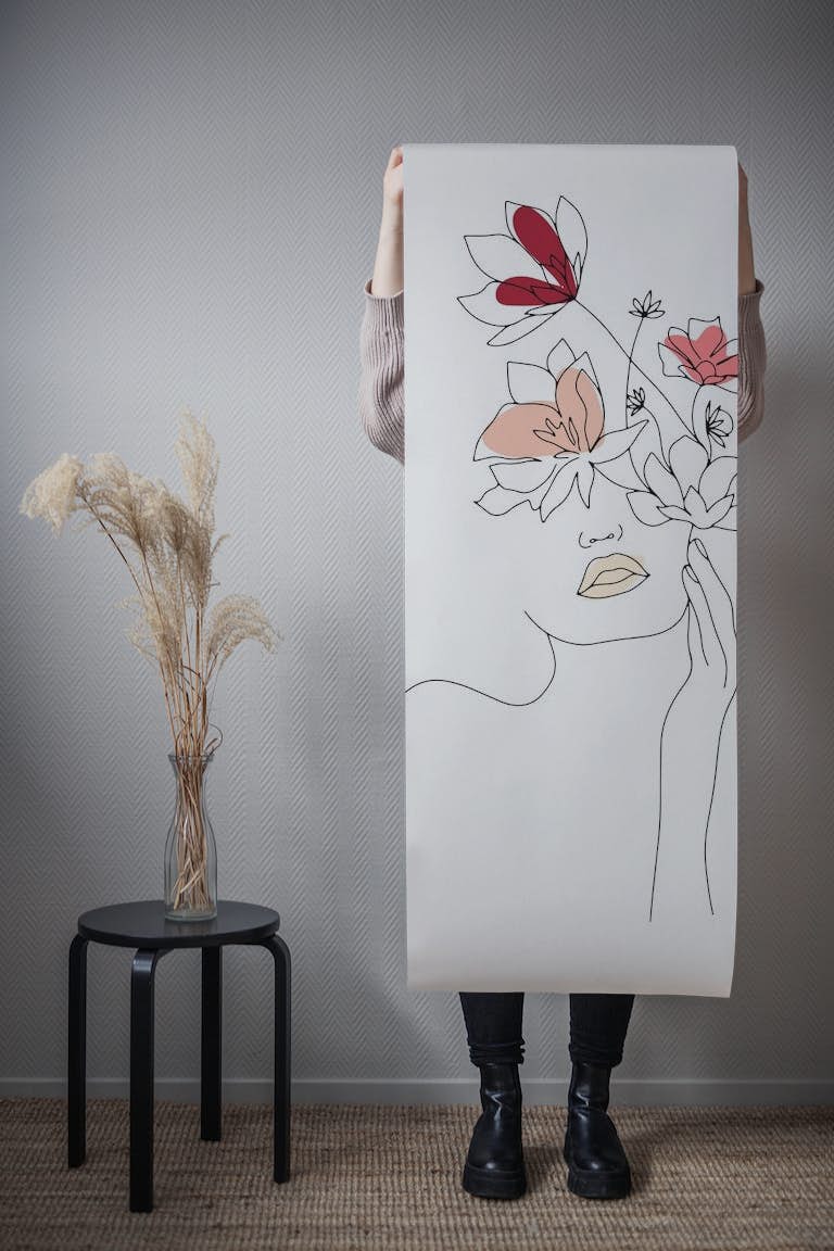 Line Art Woman With Flowers 1 papiers peint roll