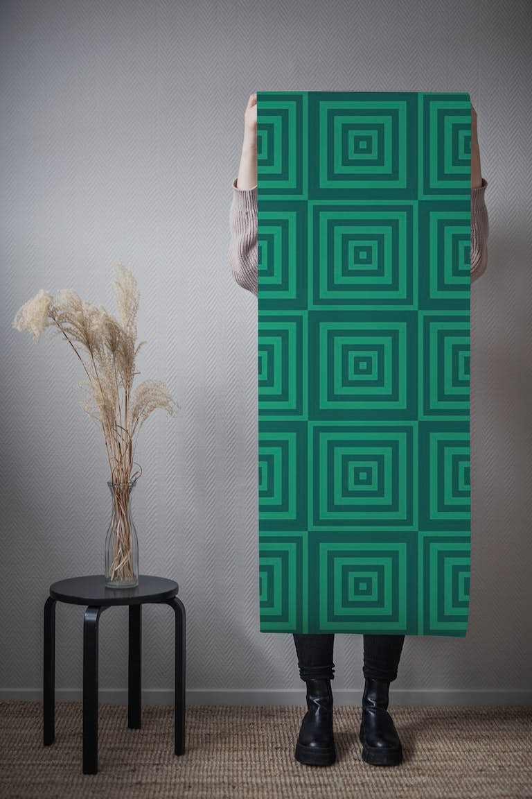 Green abstract geometric square pattern behang roll