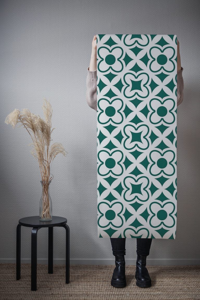 Turkish tile floral pattern forest green behang roll