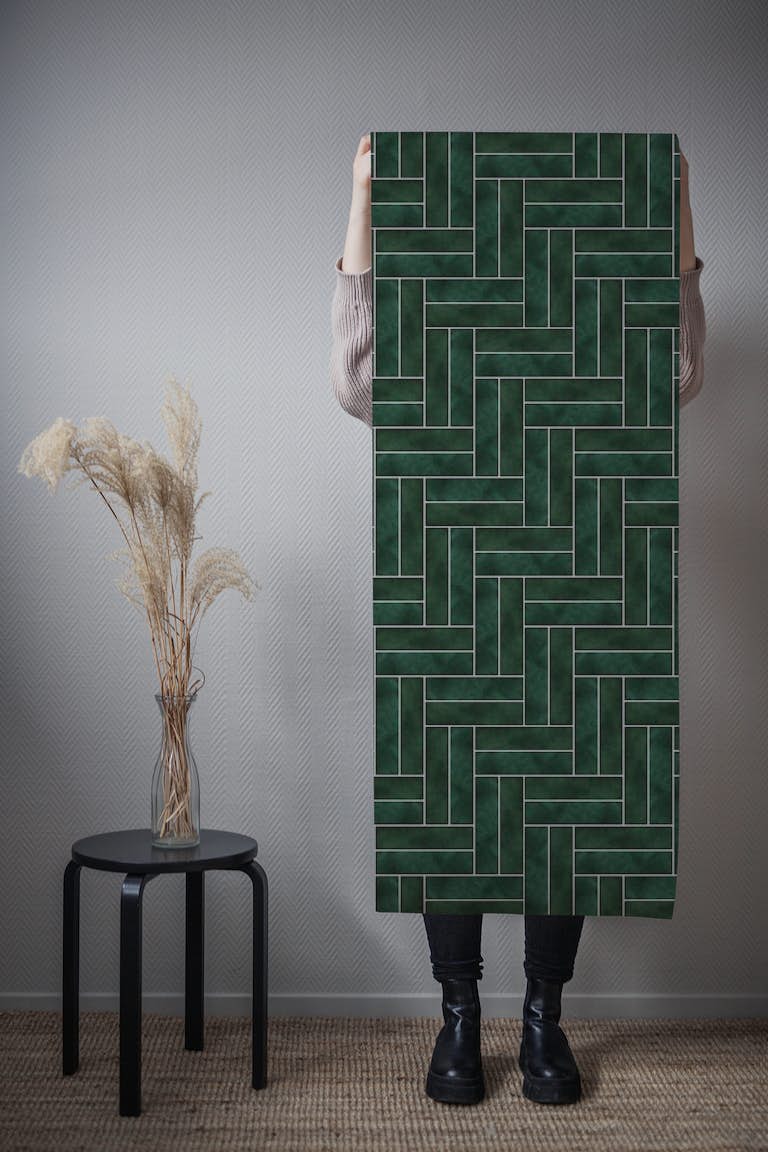 Double block herringbone tiles dark green behang roll