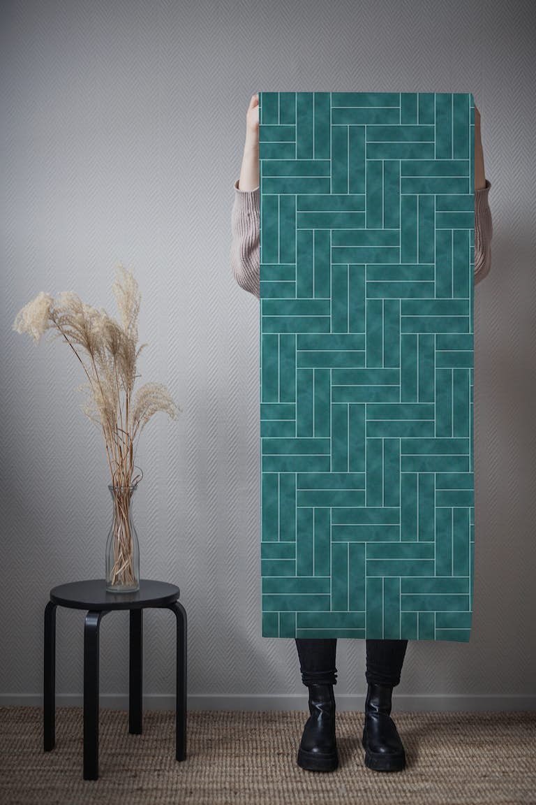 Double block herringbone tiles emerald wallpaper roll