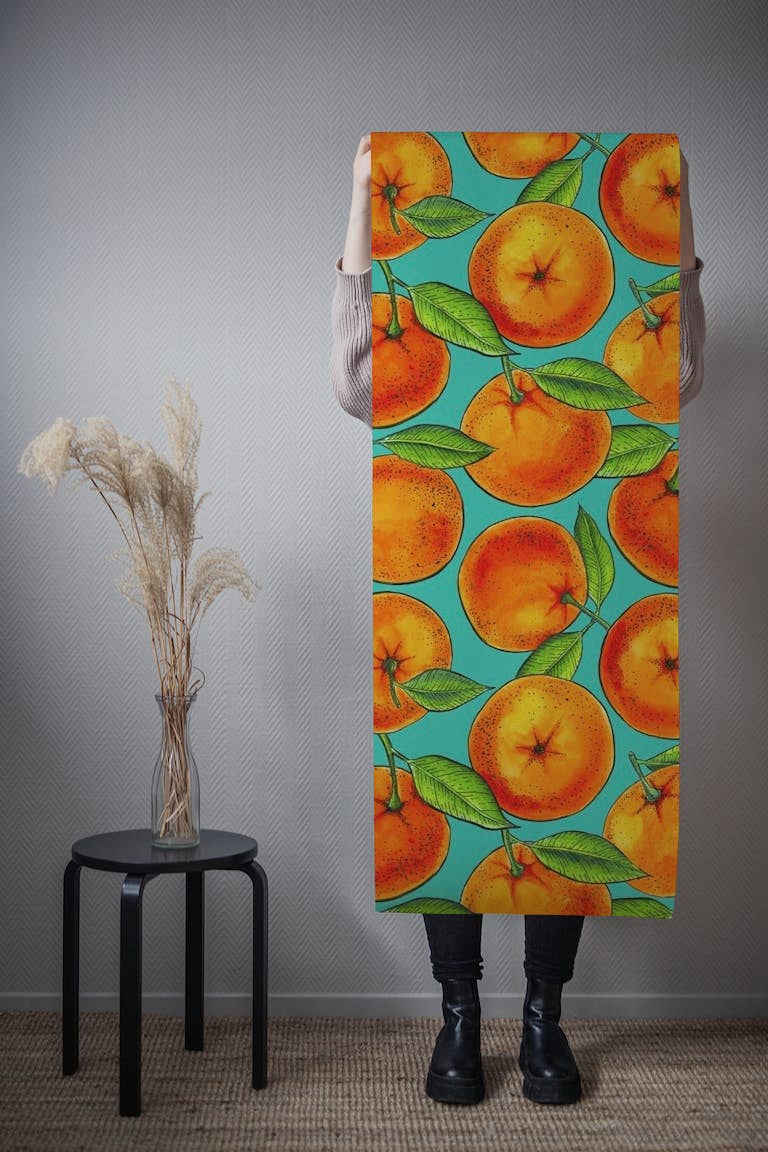 Oranges on turquoise wallpaper roll