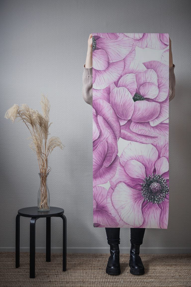 Pink anemone flowers wallpaper roll