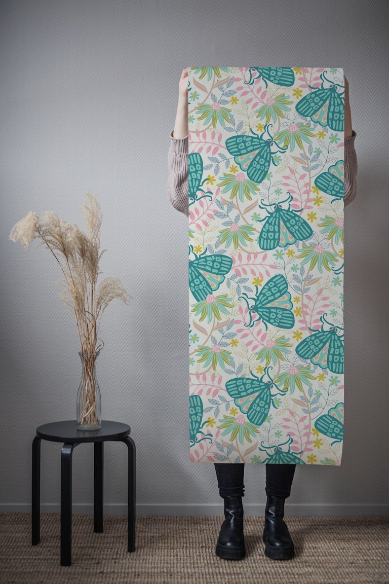 TANGLED GARDEN MOTHS Pastel Cottage Floral wallpaper roll