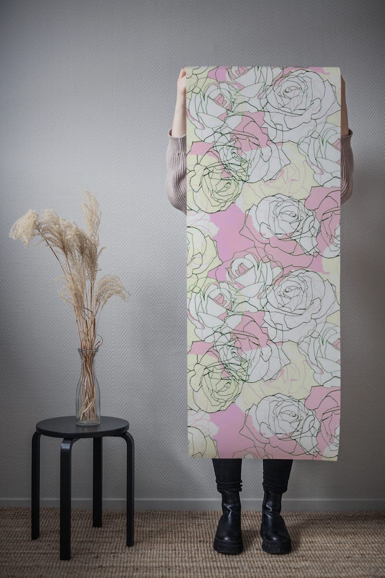 Line art Pastel Roses pattern tapetit roll