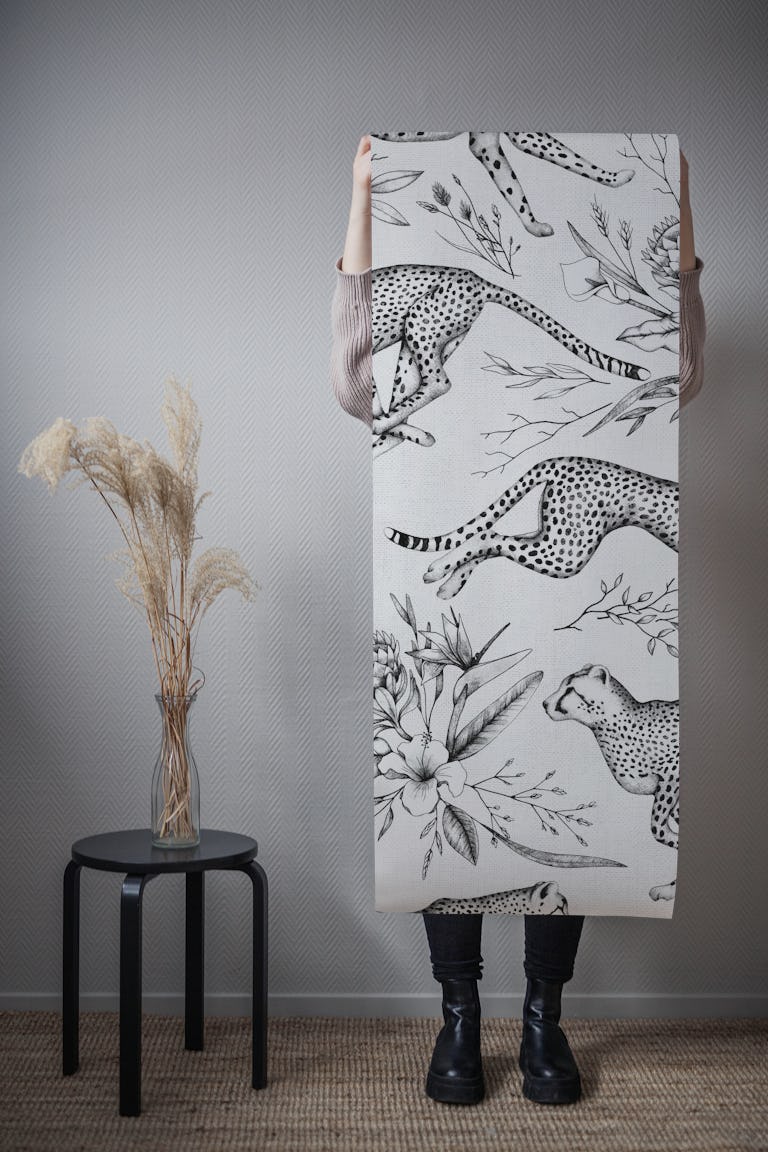 Safari Cheetah Toile in Black and White wallpaper roll