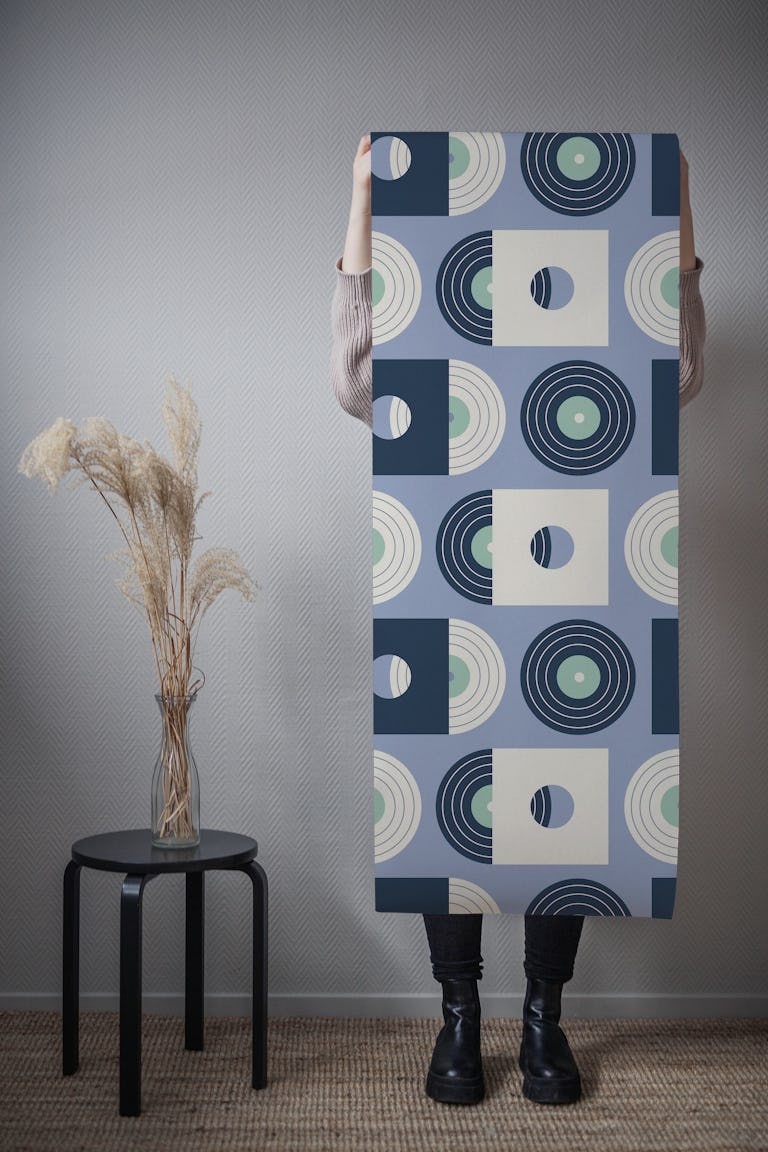 Let the Music play - Vinyl records blue wallpaper roll
