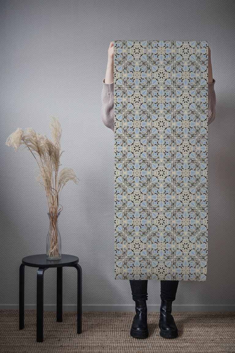 Floral Tile in black and light blue wallpaper roll