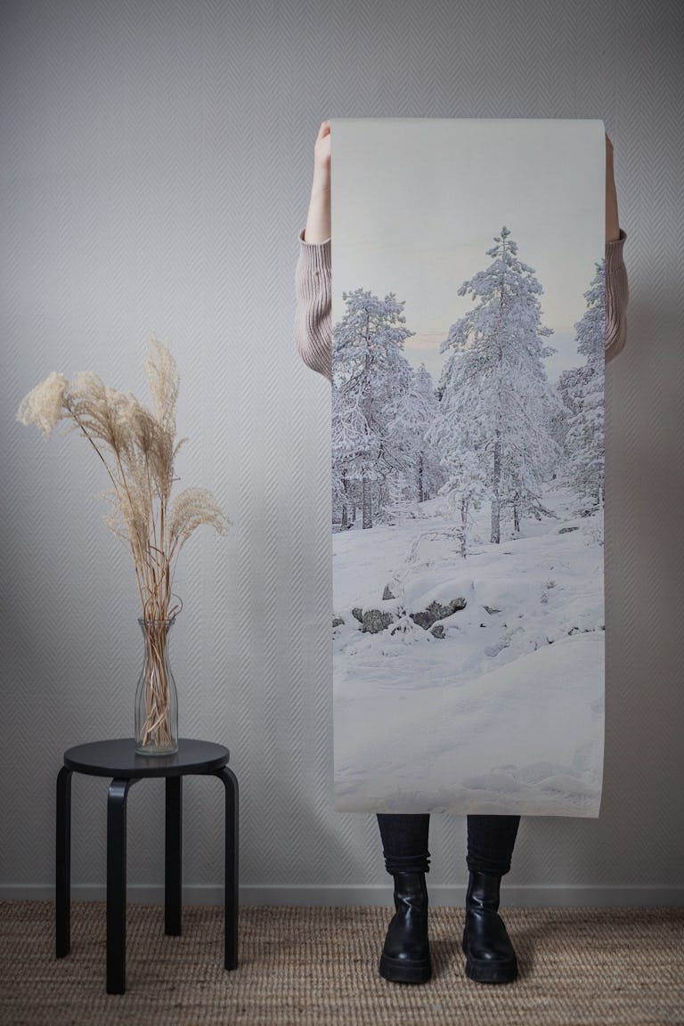 Snowy mountain trees 2 wallpaper roll