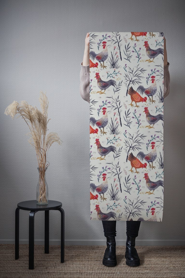 Chickens with Bamboo wallpaper roll