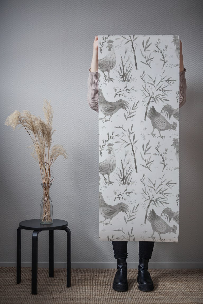Grey Chickens with Bamboo wallpaper roll