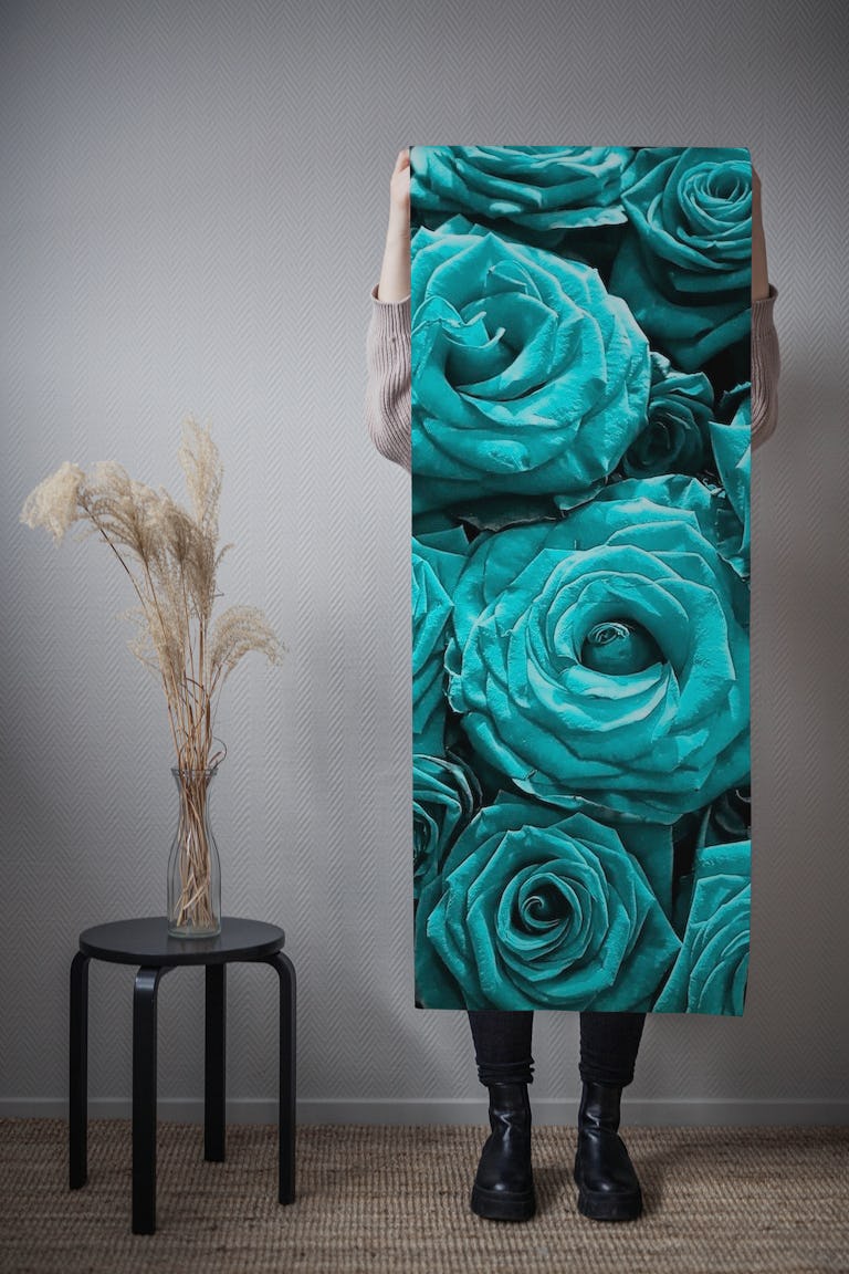 Large Teal Roses wallpaper roll