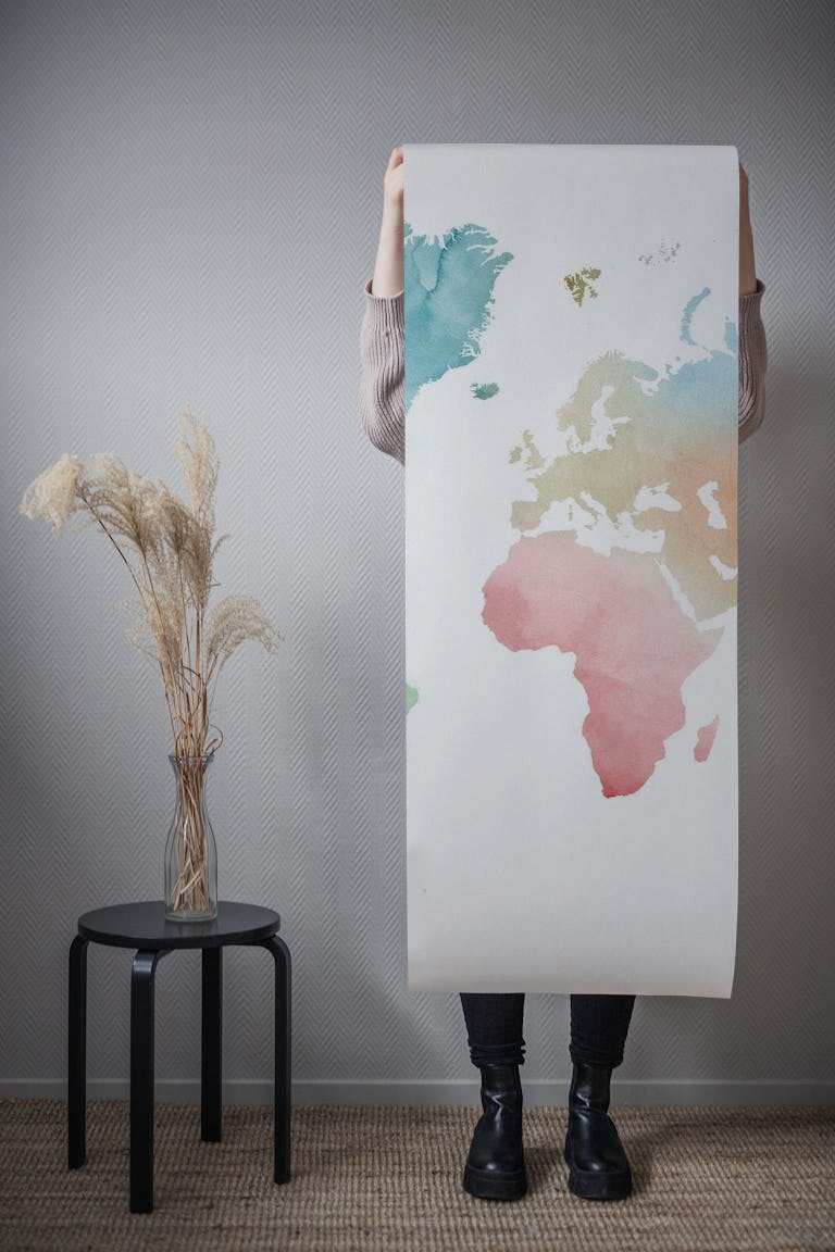 Pastels watercolor world map wallpaper roll