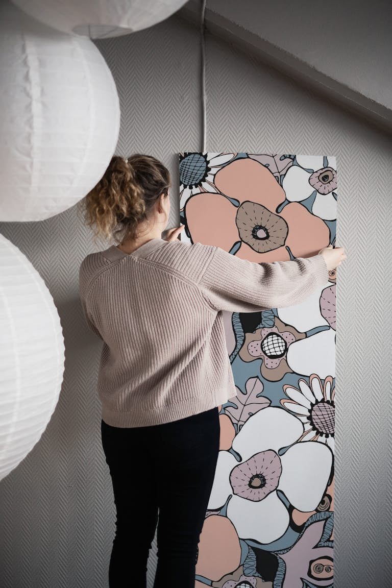 Floral Doodles slate blush papel de parede roll