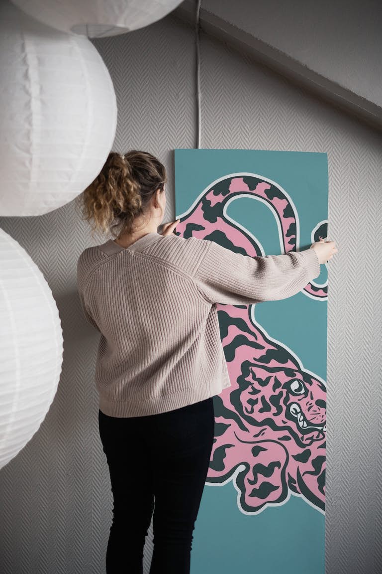 Pink Tiger on Aqua wallpaper roll