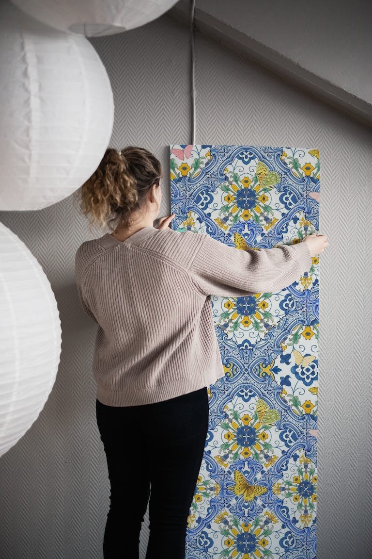 Yellow Flowers, blue tiles and butterflies papel de parede roll