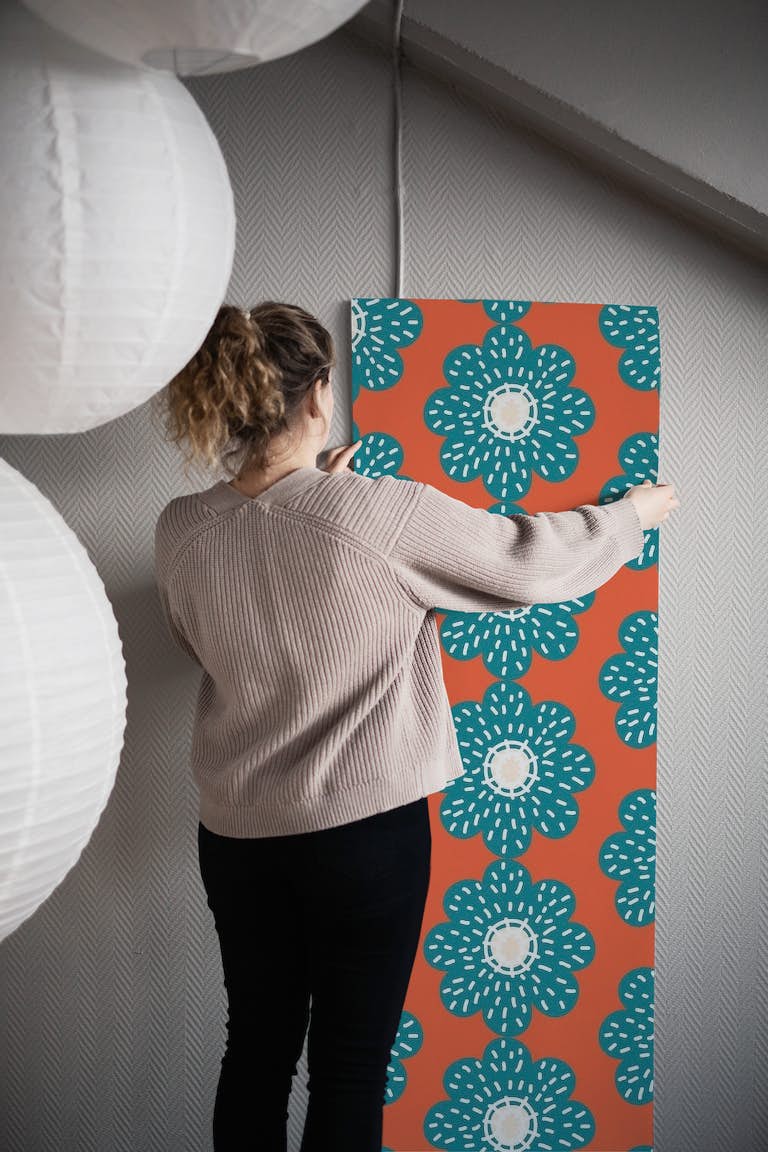 Teal Poppy Modern Pattern wallpaper roll