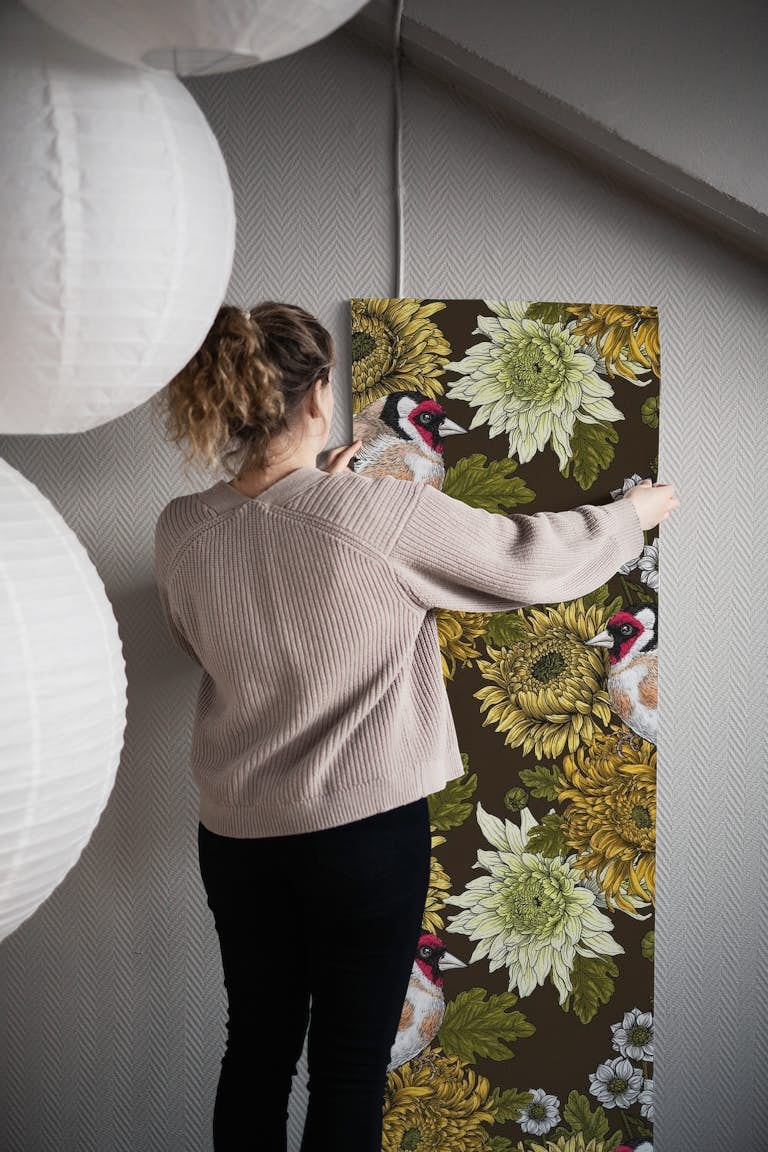 Goldfinch and chrysanthemums 2 papel de parede roll