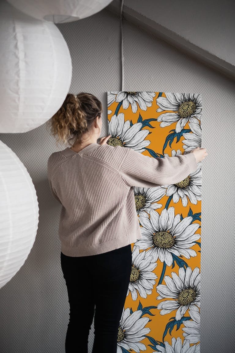 Daisies on orange 3 wallpaper roll