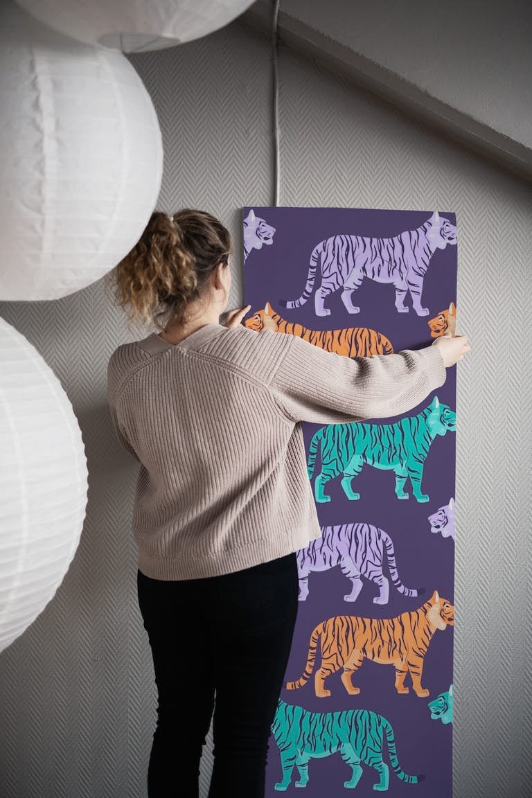 Three Tigers Purple Pattern papel de parede roll