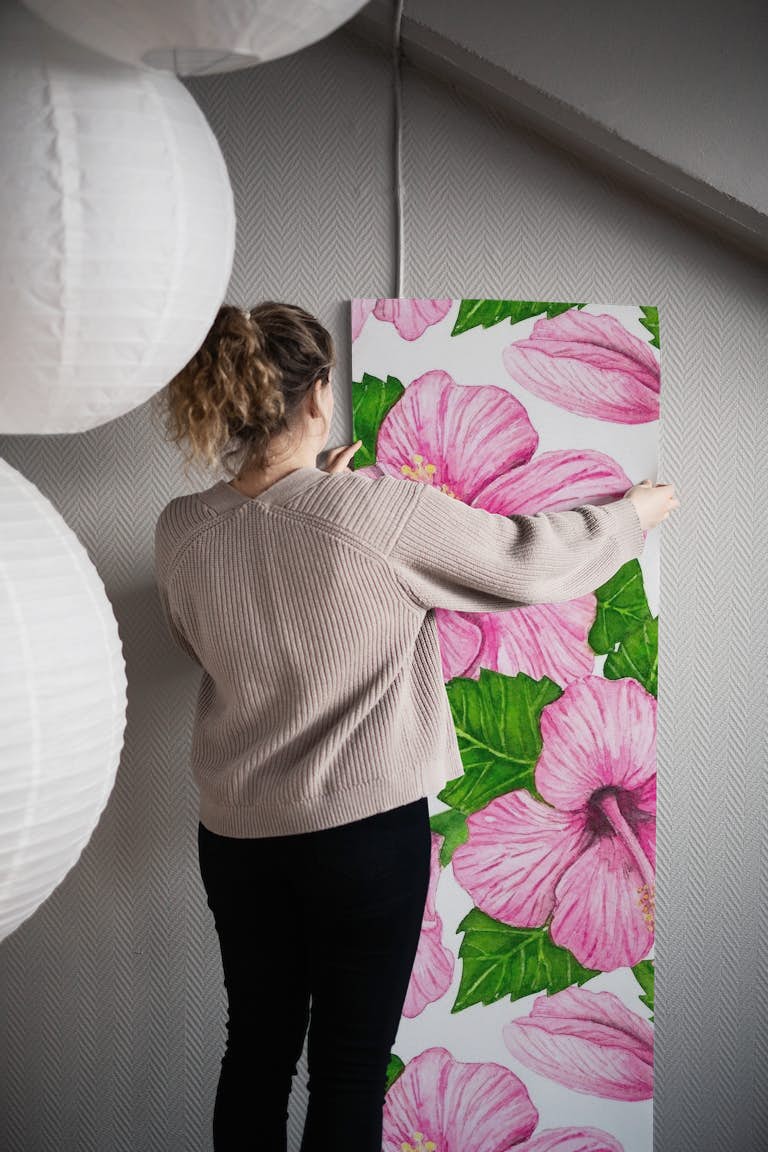 Pink hibiscus watercolor wallpaper roll