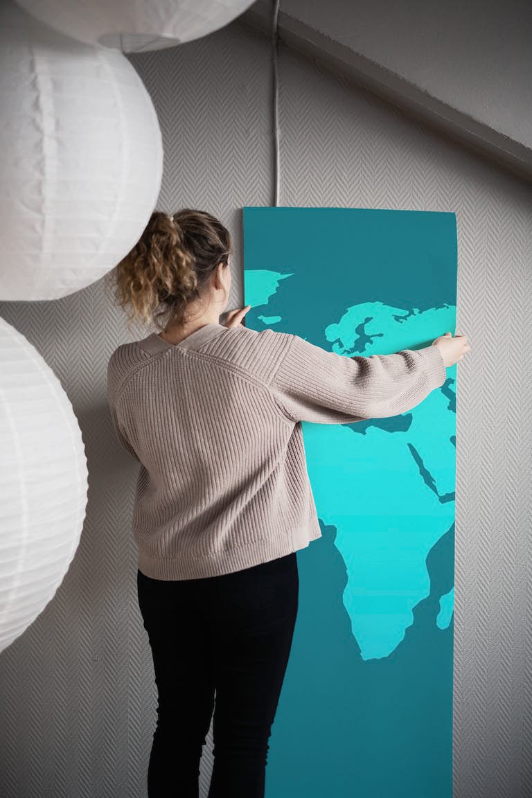 Teal Cyan World Map papel pintado roll