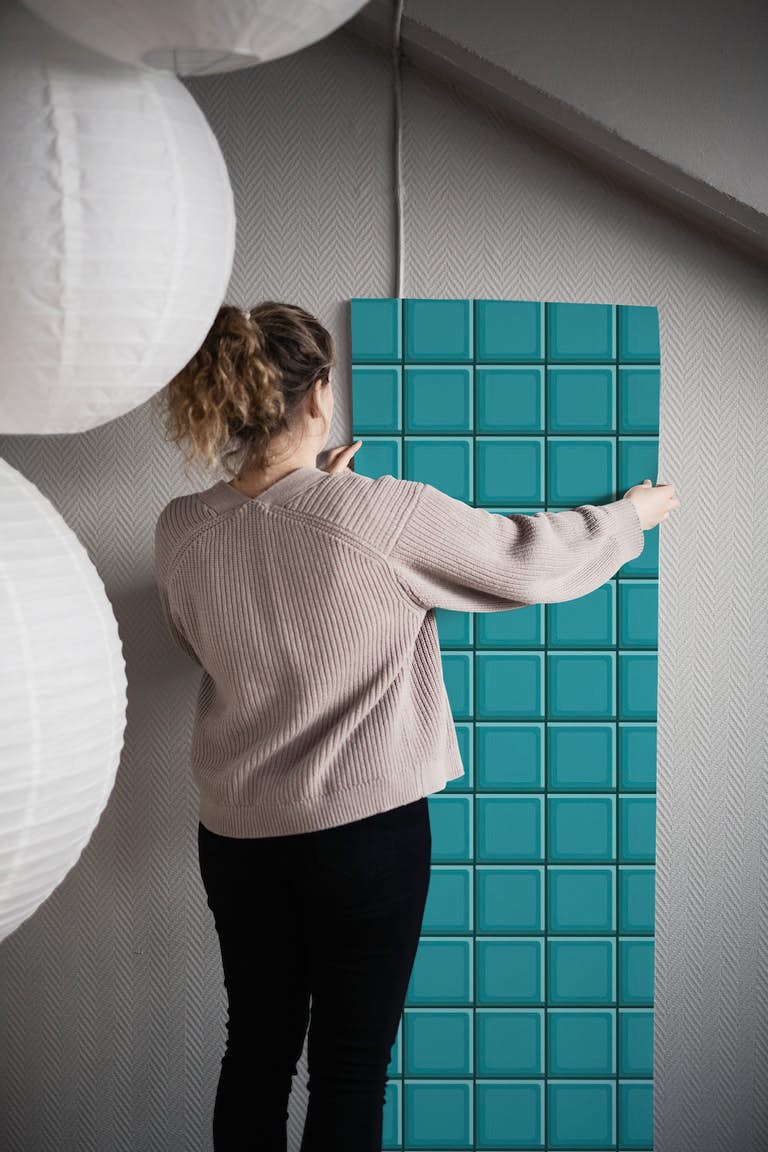 Cyan Teal Retro Tiles wallpaper roll