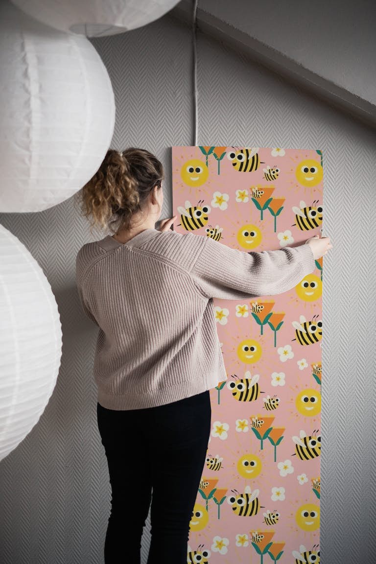 Happy bees and sunshine pink papel de parede roll