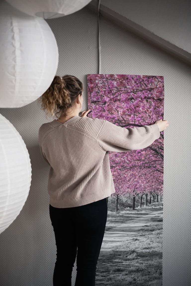 Cherry blossom path in pink papel pintado roll