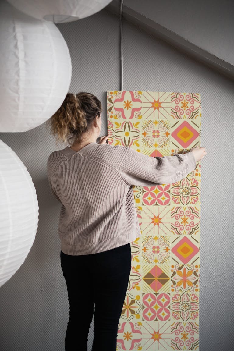 Portuguese Tiles Pink Yellow behang roll