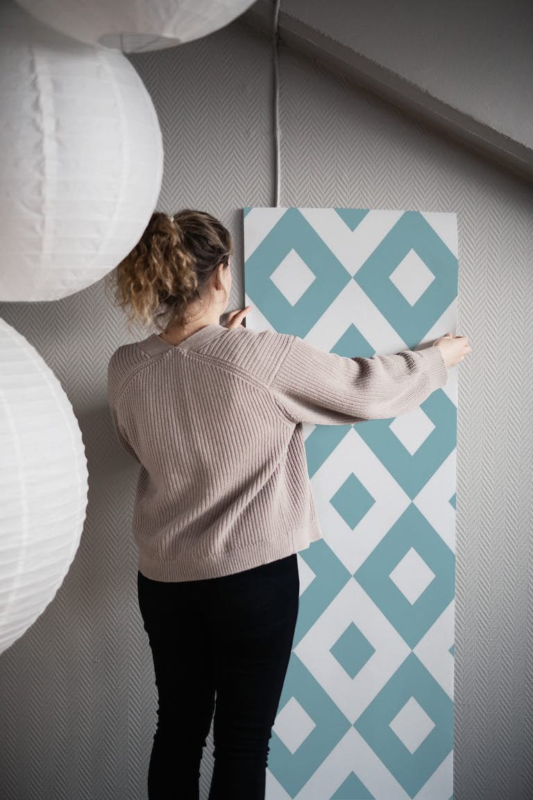 Teal blue white rhombus pattern wallpaper roll