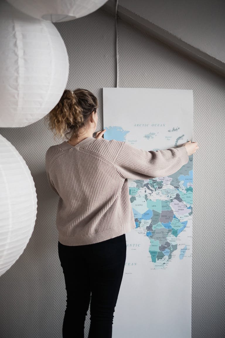 World Map Teal papel pintado roll