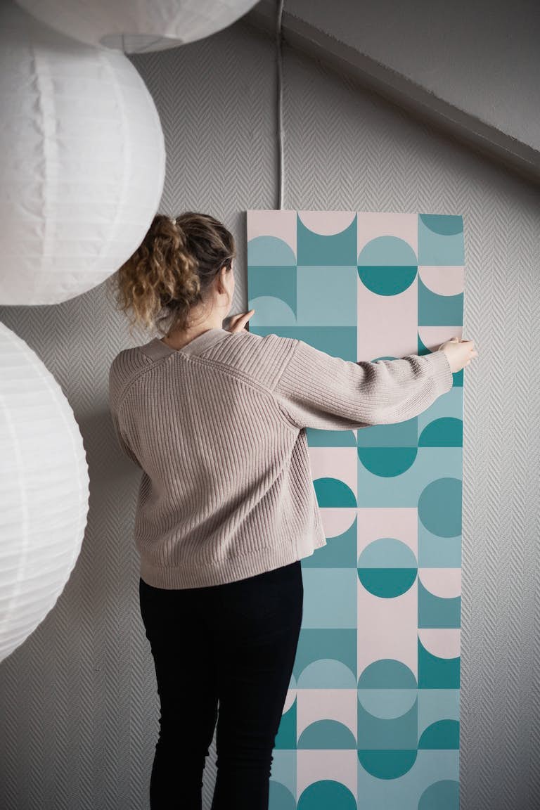 Geometric Retro Shapes Teal Beige wallpaper roll