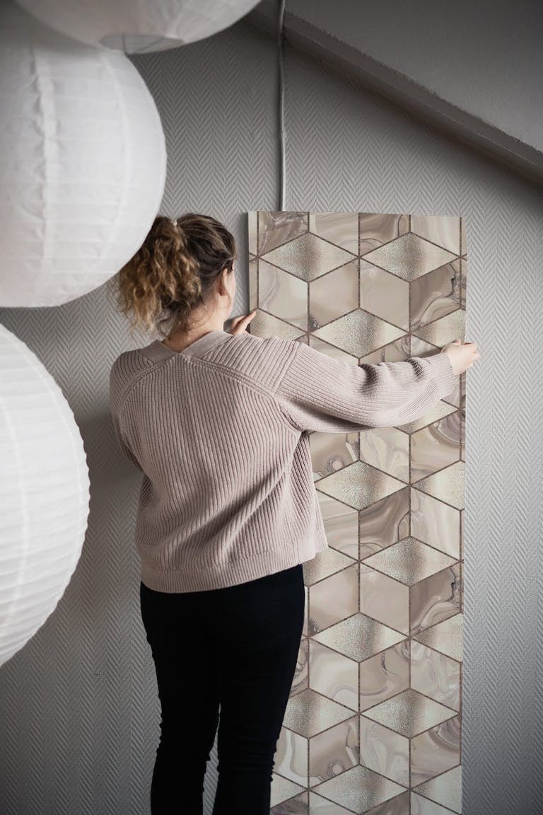 Cubics Modern 3D Geometry Marble Pattern Blush Cream wallpaper roll