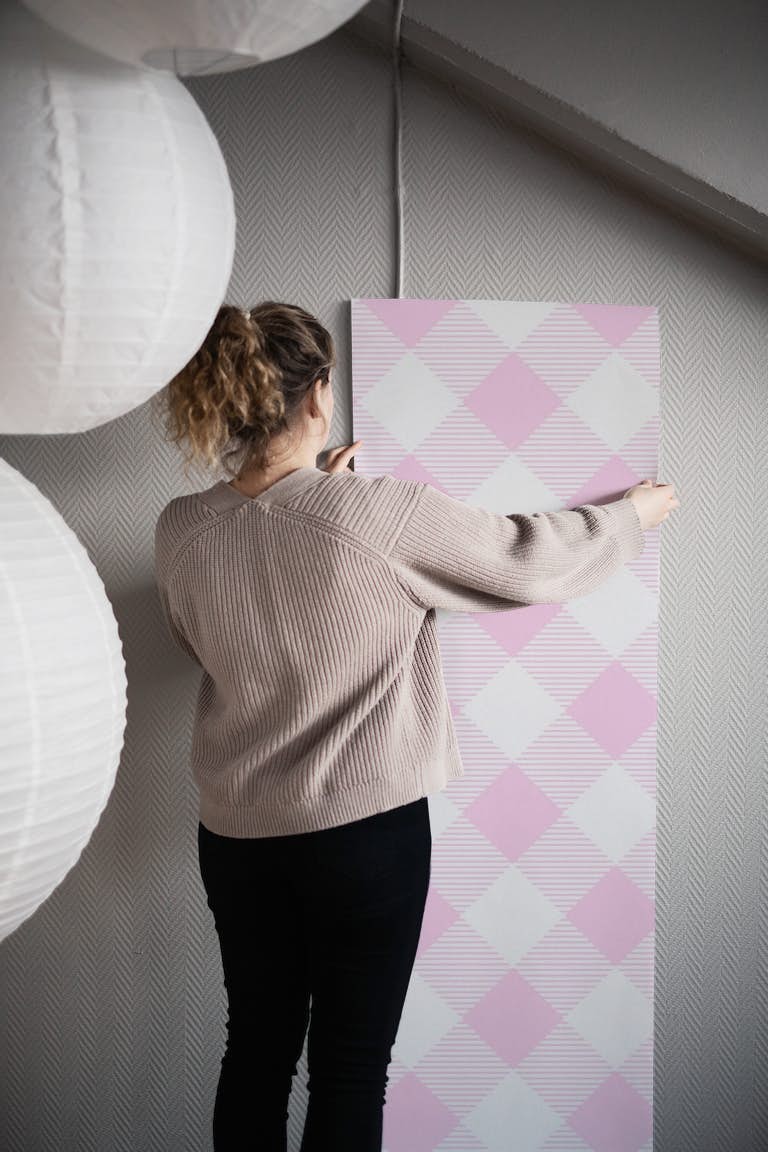 Baby pink gingham pattern papel pintado roll