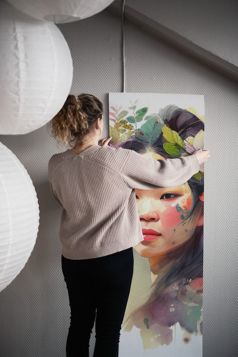 Watercolor Floral Asian Woman #3 wallpaper roll
