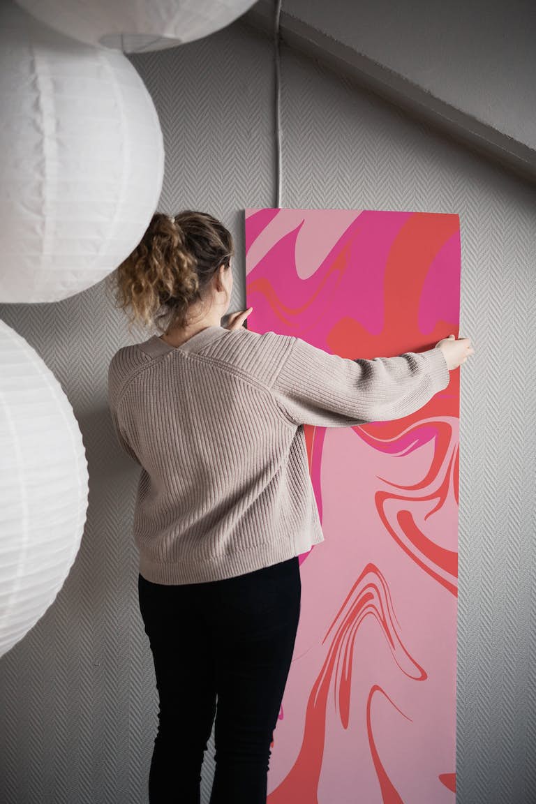 Groovy swirly orange and pink pattern wallpaper roll