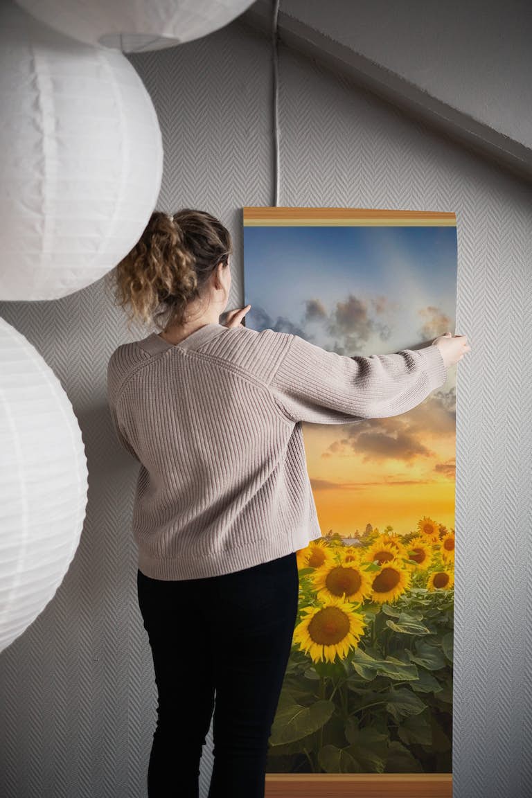 View of sunflowers at sunset behang roll
