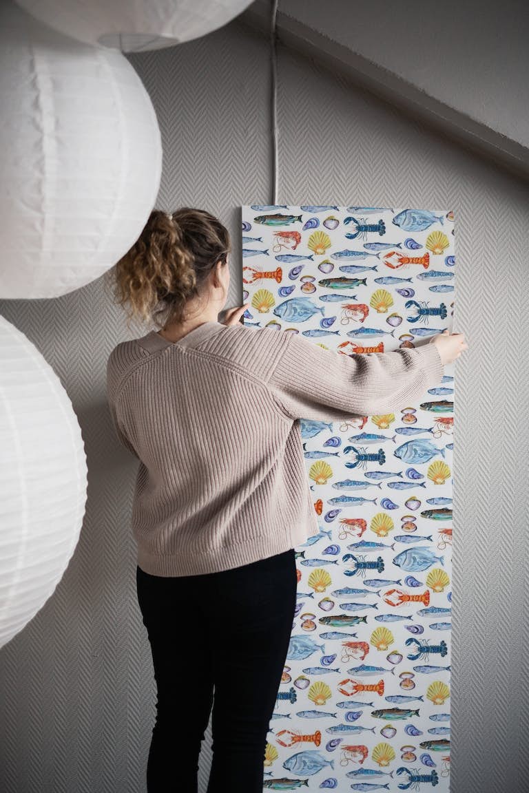Shimmering Ocean Fish Scene on White papel pintado roll